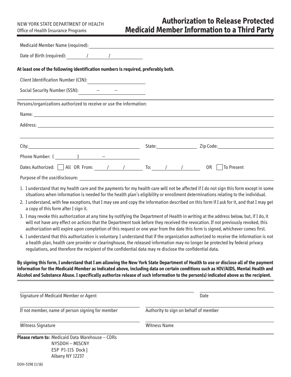 Form DOH-5198 Authorization to Release Protected Medicaid Member Information to a Third Party - New York, Page 1