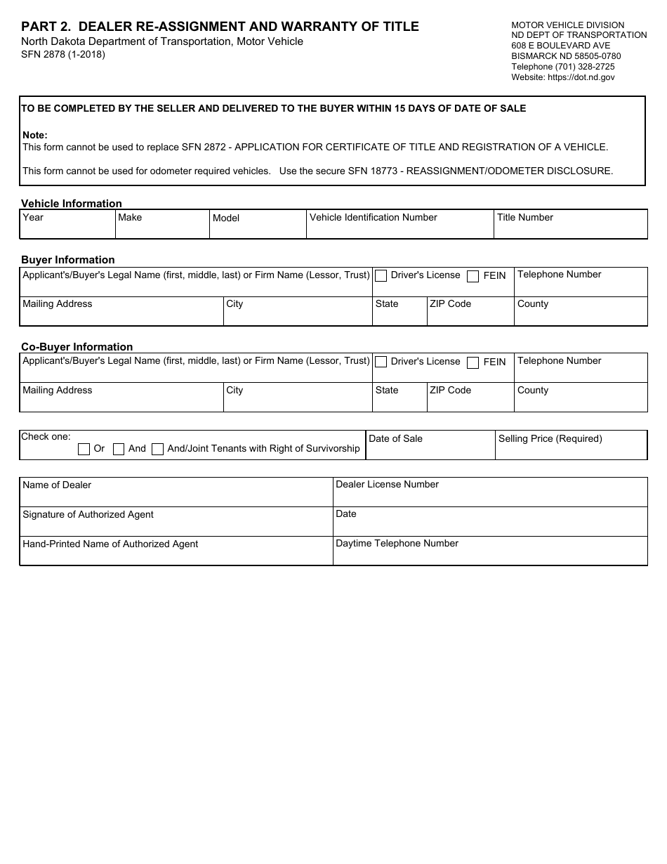 Form SFN2878 Part 2 Dealer Re-assignment and Warranty of Title - North Dakota, Page 1