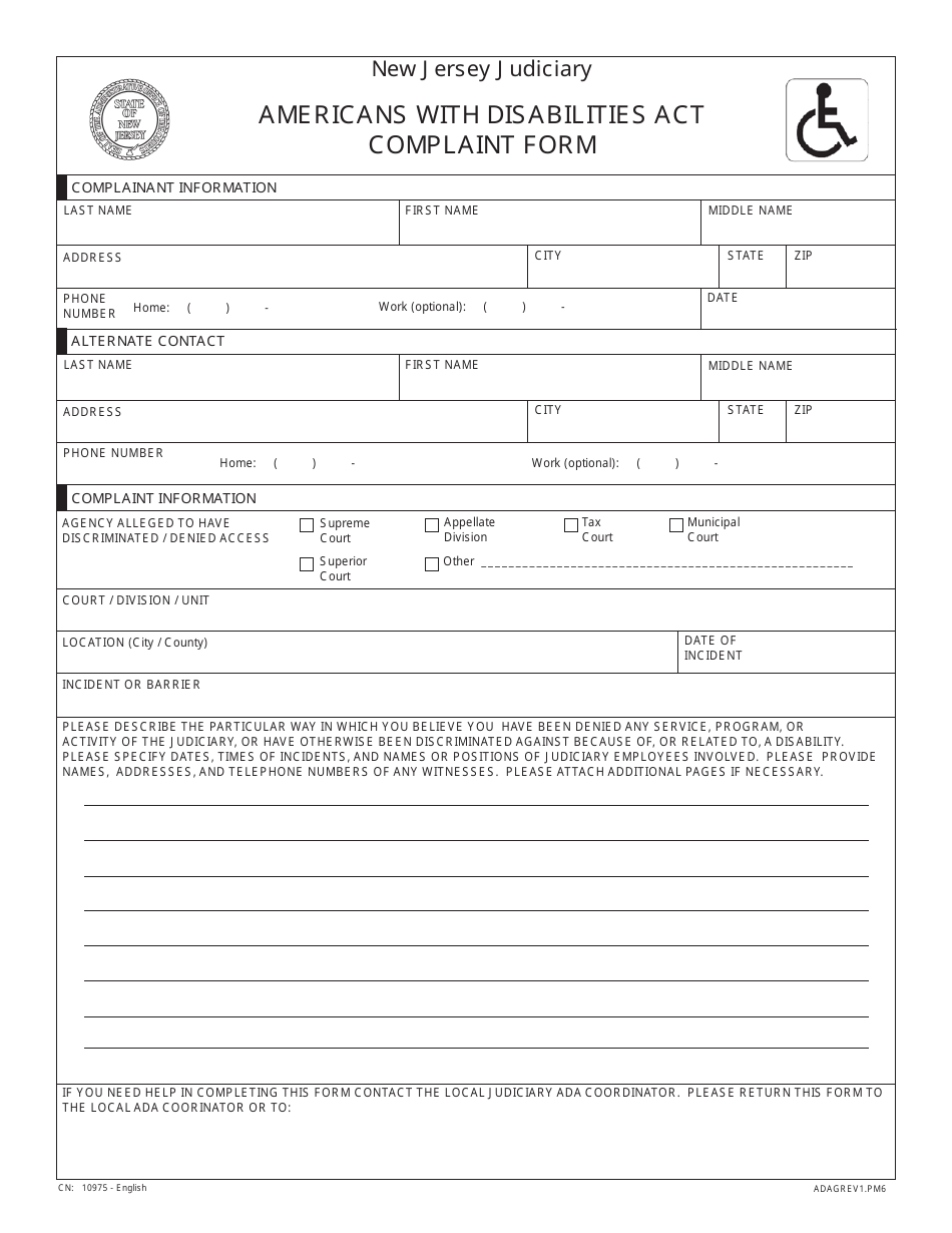 Form CN:10975 Americans With Disabilities Act (Ada) Complaint Form - New Jersey, Page 1