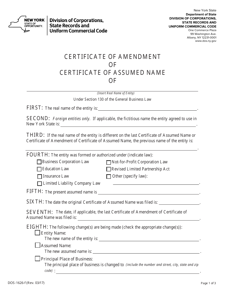 Form DOS-1626-F Certificate of Amendment of Certificate of Assumed Name - New York, Page 1