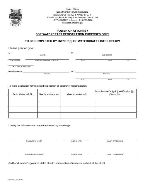 Form DNR8464 Power of Attorney for Watercraft Registration Only - Ohio