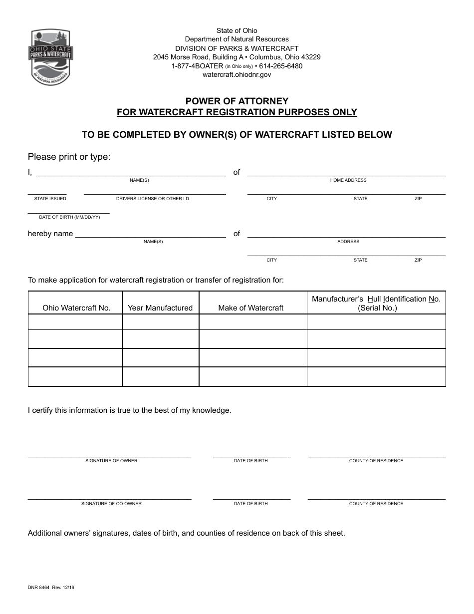 Form DNR8464 Power of Attorney for Watercraft Registration Only - Ohio, Page 1