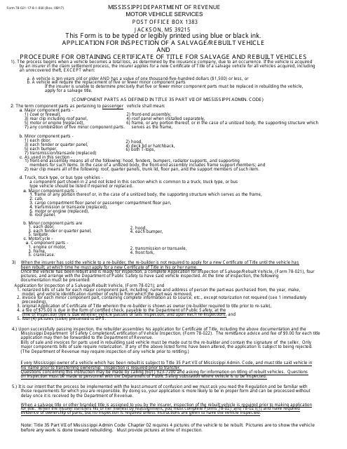 Form 78-021 Application for Inspection of a Salvage/Rebuilt Vehicle - Mississippi