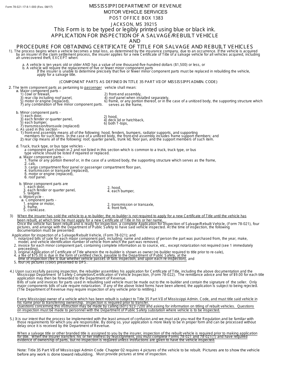 Form 78-021 Application for Inspection of a Salvage / Rebuilt Vehicle - Mississippi, Page 1