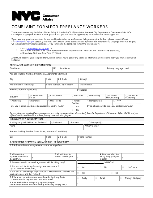 "Complaint Form for Freelance Workers" - New York City Download Pdf