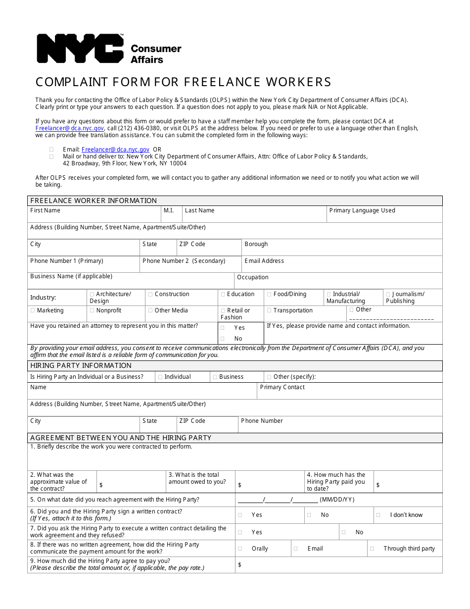 Complaint Form for Freelance Workers - New York City, Page 1