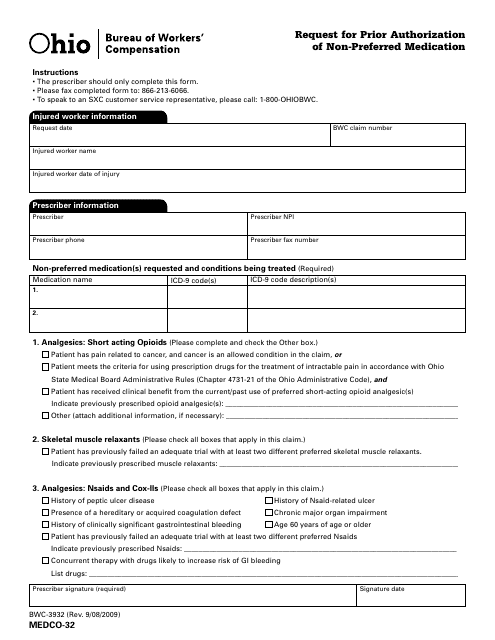 Form MEDCO-32 (BWC-3932) Request for Prior Authorization of Non-preferred Medication - Ohio