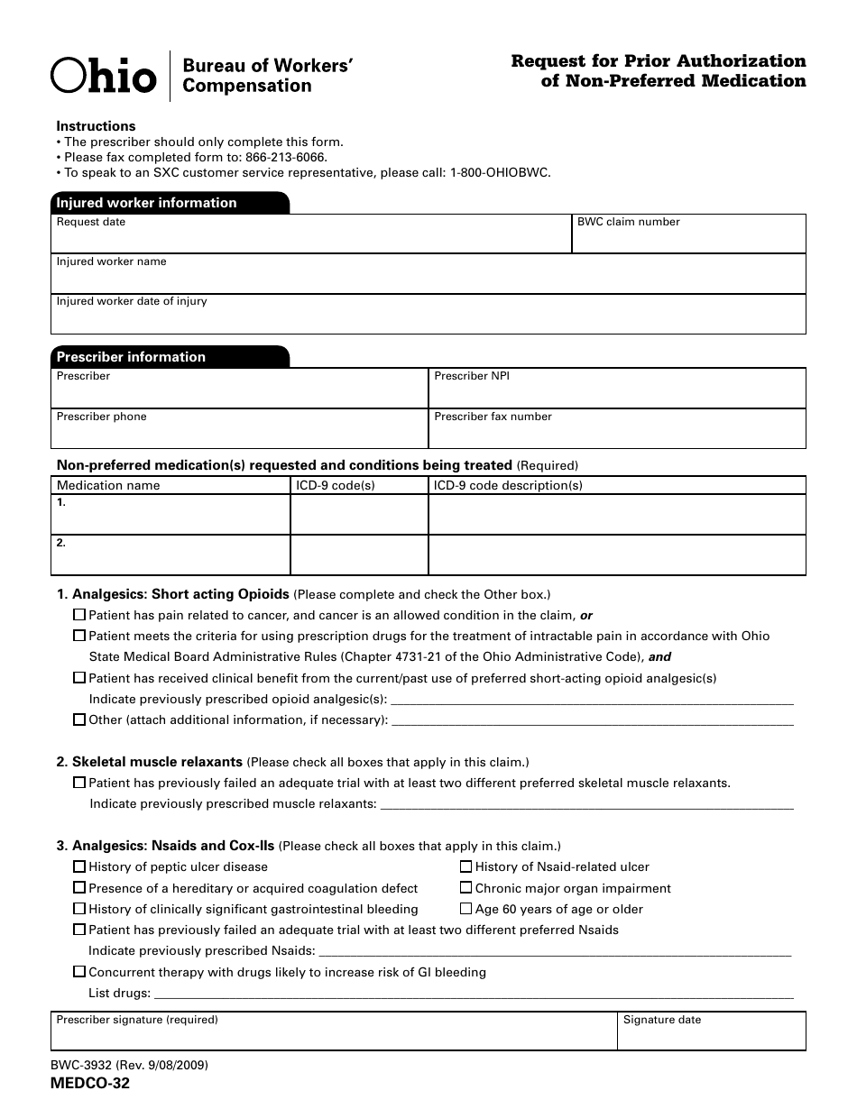 Form MEDCO-32 (BWC-3932) Request for Prior Authorization of Non-preferred Medication - Ohio, Page 1