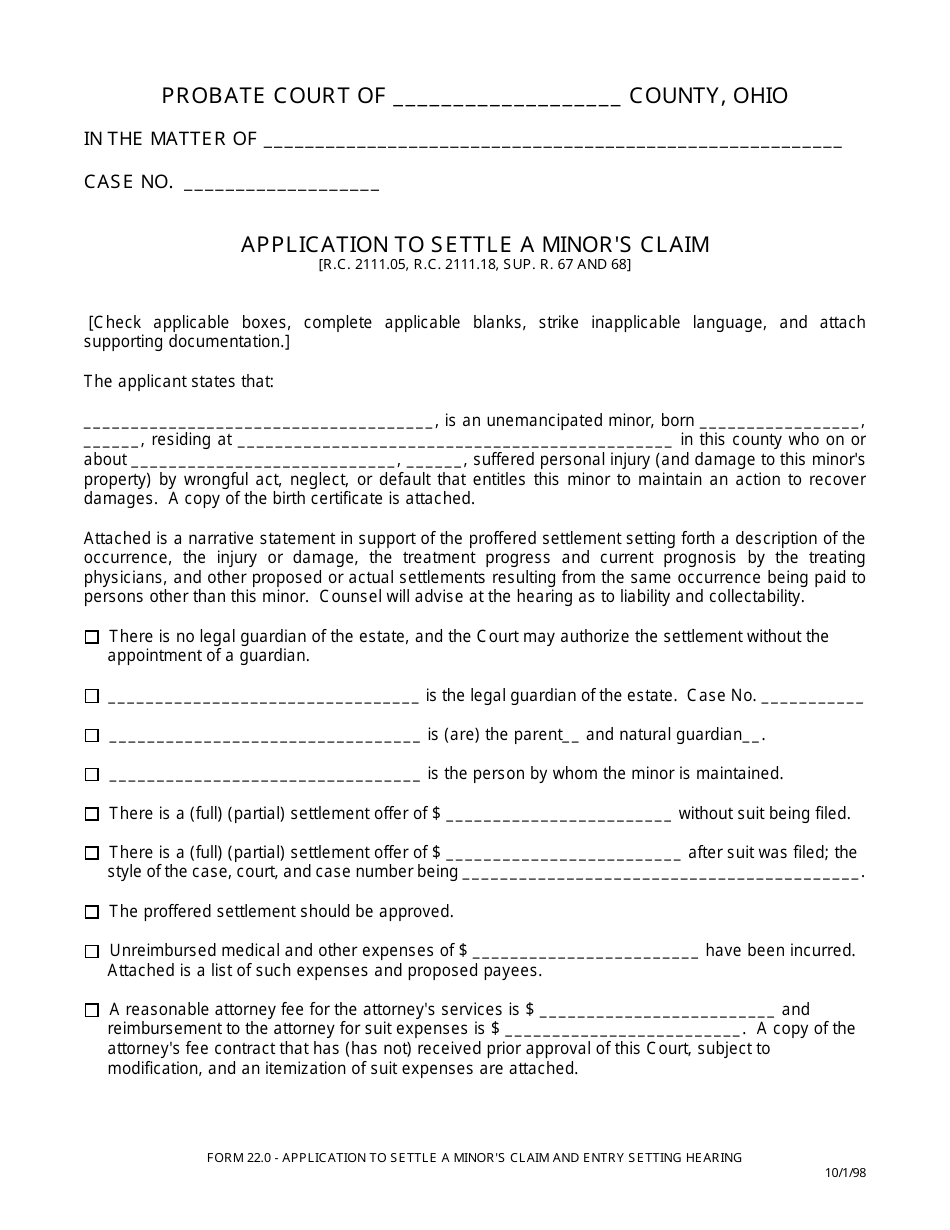 Form 22.0 Application to Settle a Minors Claim and Entry Setting Hearing - Ohio, Page 1