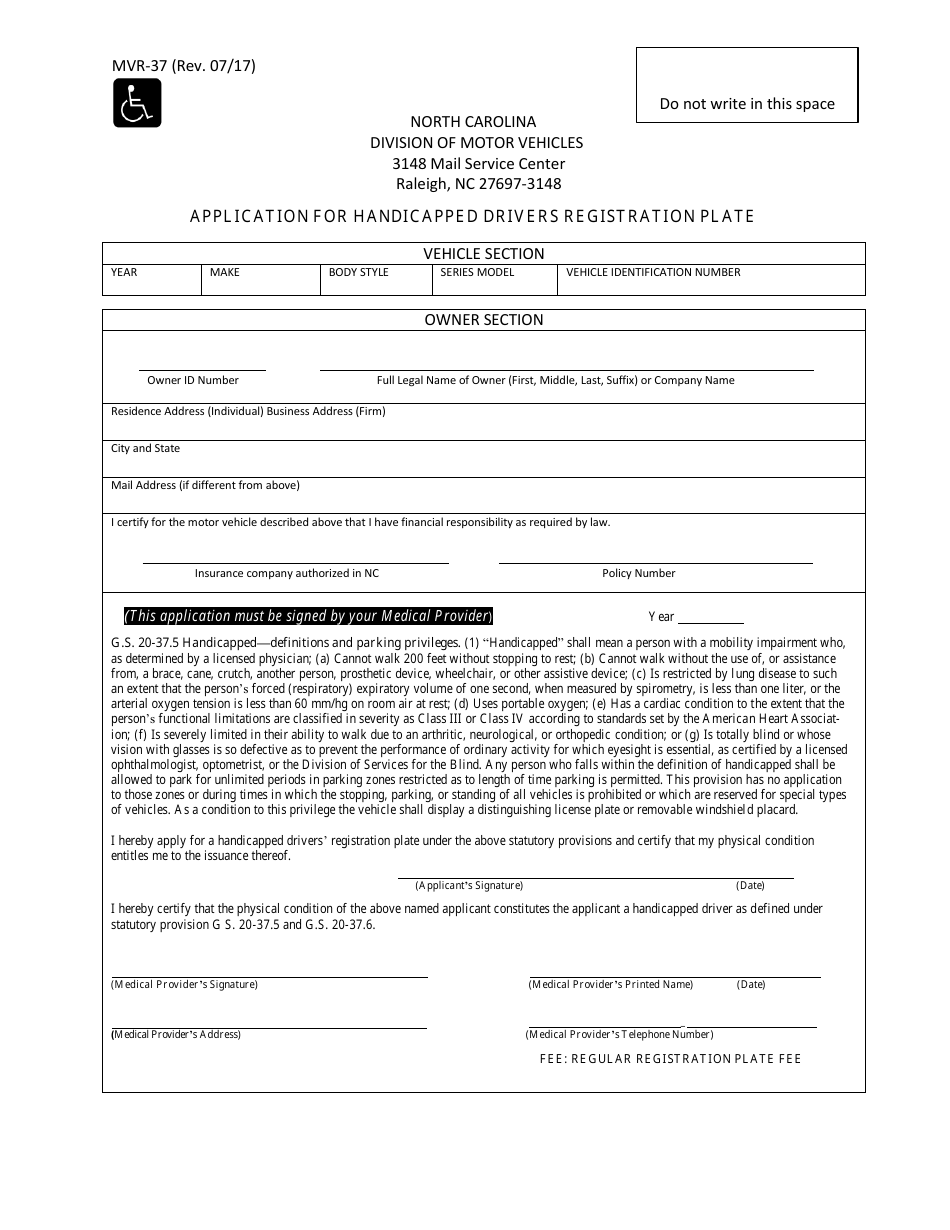 Form MVR-37 application for Handicapped Drivers Registration Plate - North Carolina, Page 1