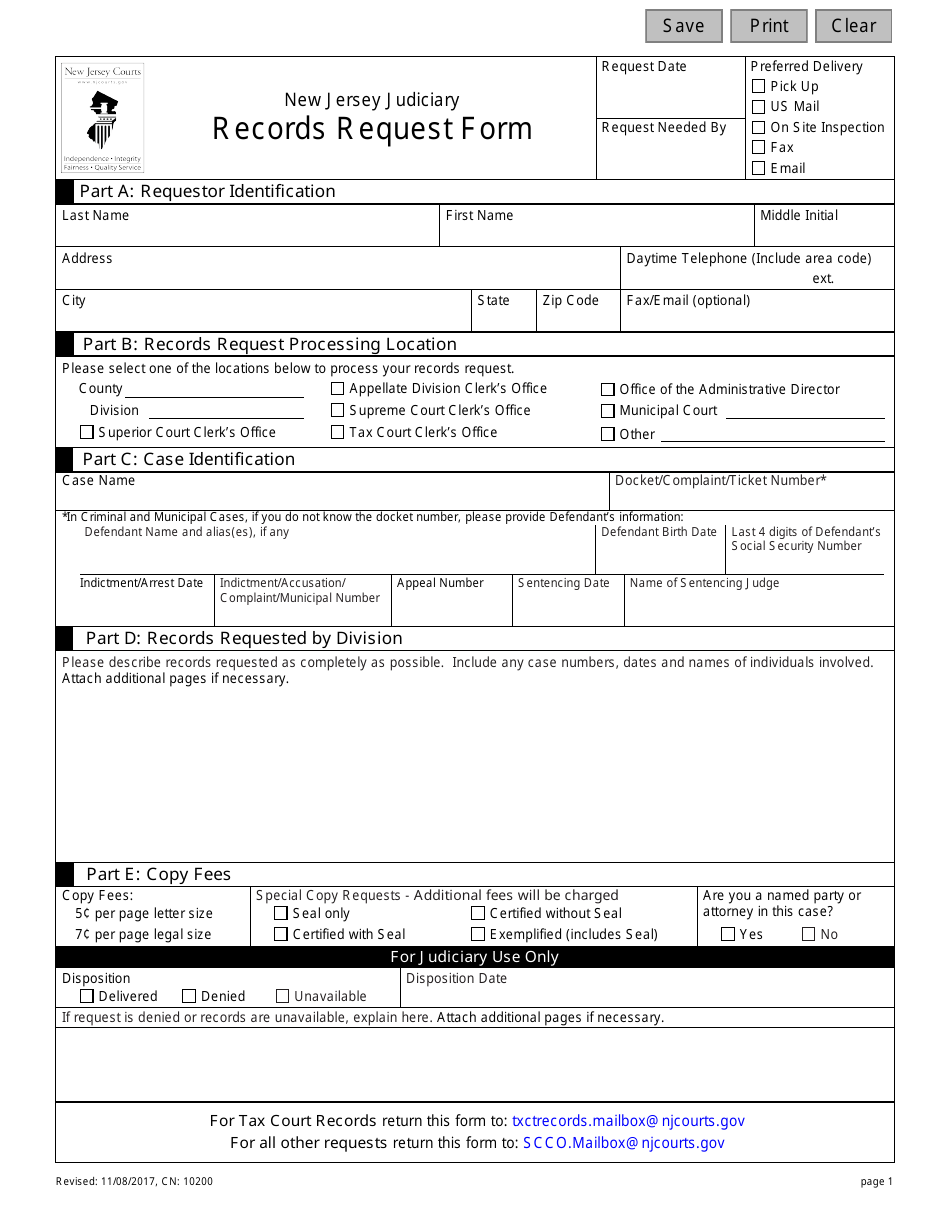 Form CN:10200 Records Request Form - New Jersey, Page 1