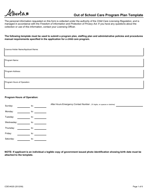 Form CDEV4020 Out of School Care Program Plan Template - Alberta, Canada