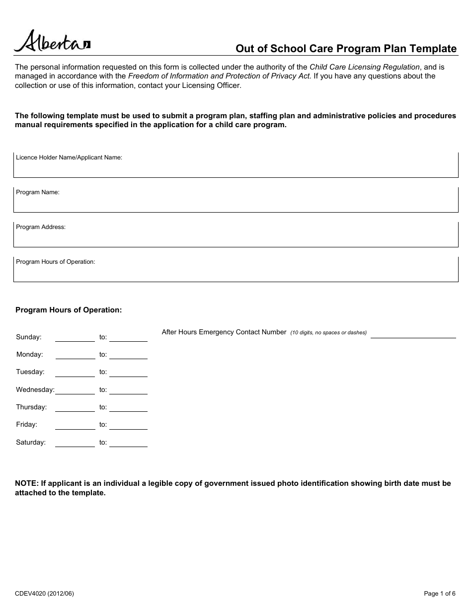 Form CDEV4020 Out of School Care Program Plan Template - Alberta, Canada, Page 1