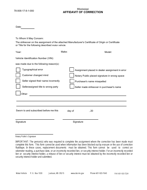 Form 78-008 Affidavit of Correction - Mississippi