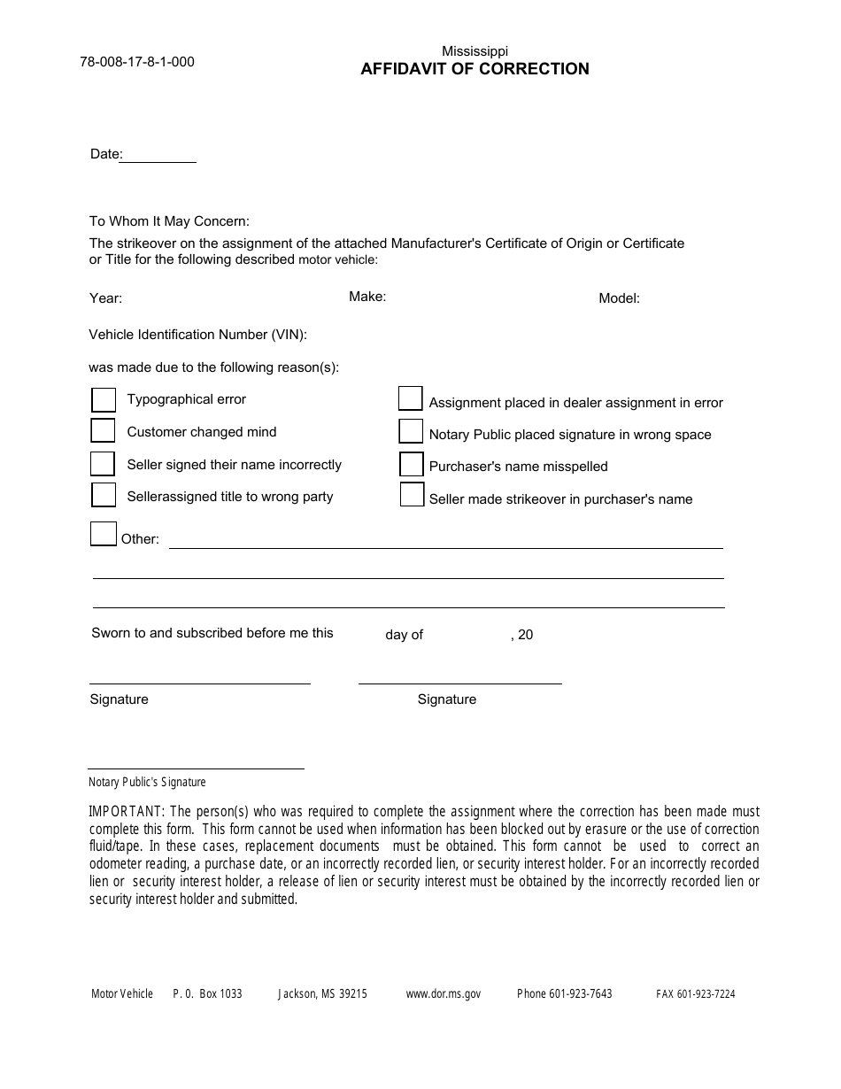 Form 78-008 Affidavit of Correction - Mississippi, Page 1