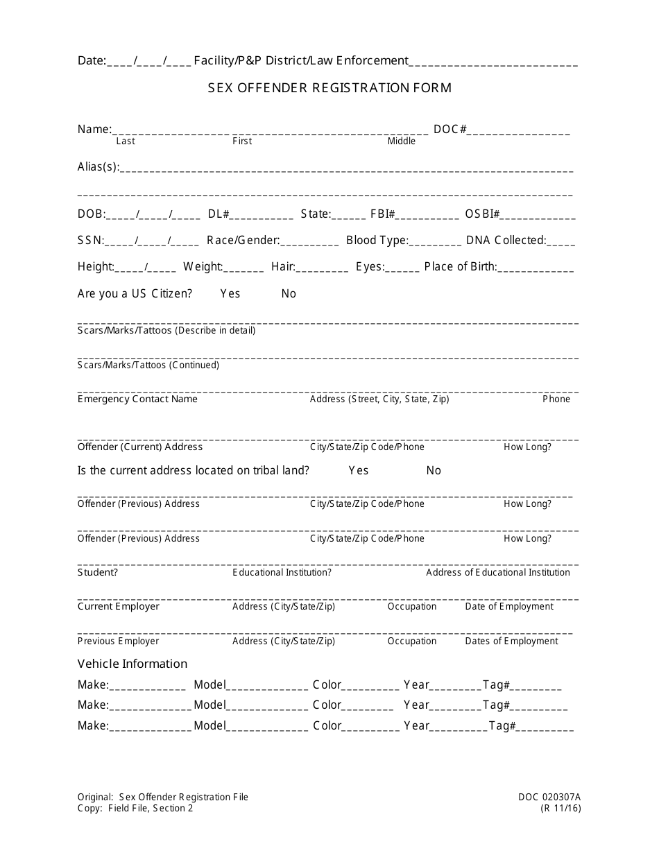 DOC Form OP-020307A Sex Offender Registration Form - Oklahoma, Page 1