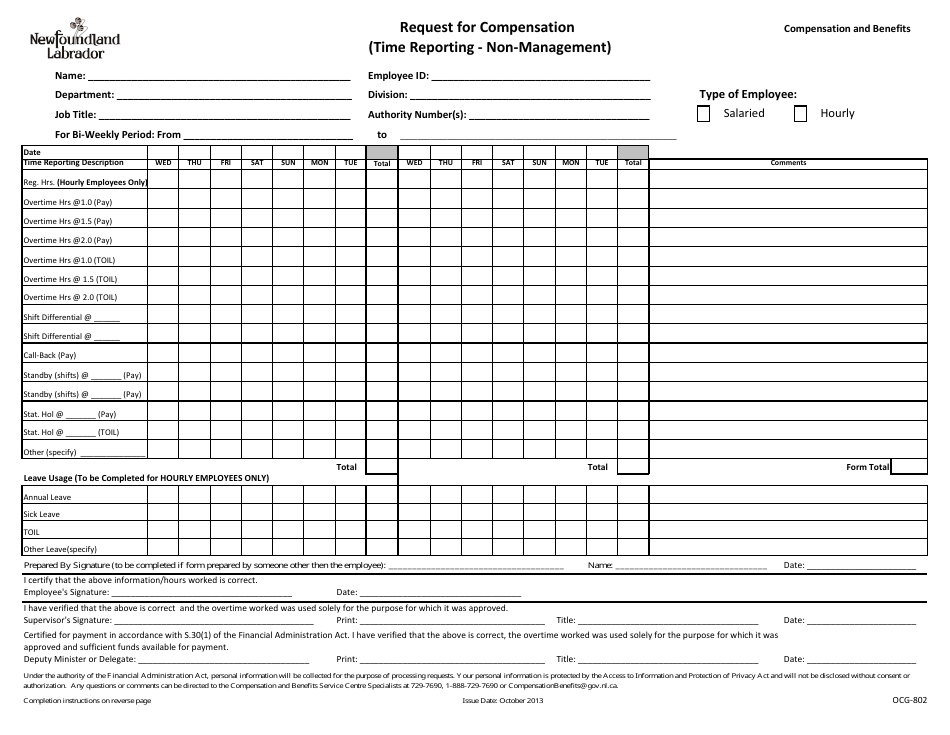 Form OCG-802 Request for Compensation (Time Reporting Non Management) - Newfoundland and Labrador, Canada, Page 1