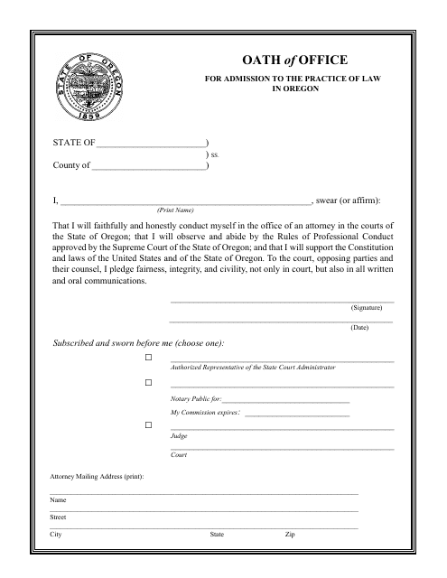 Oath of Office for Admission to the Practice of Law in Oregon - Oregon Download Pdf