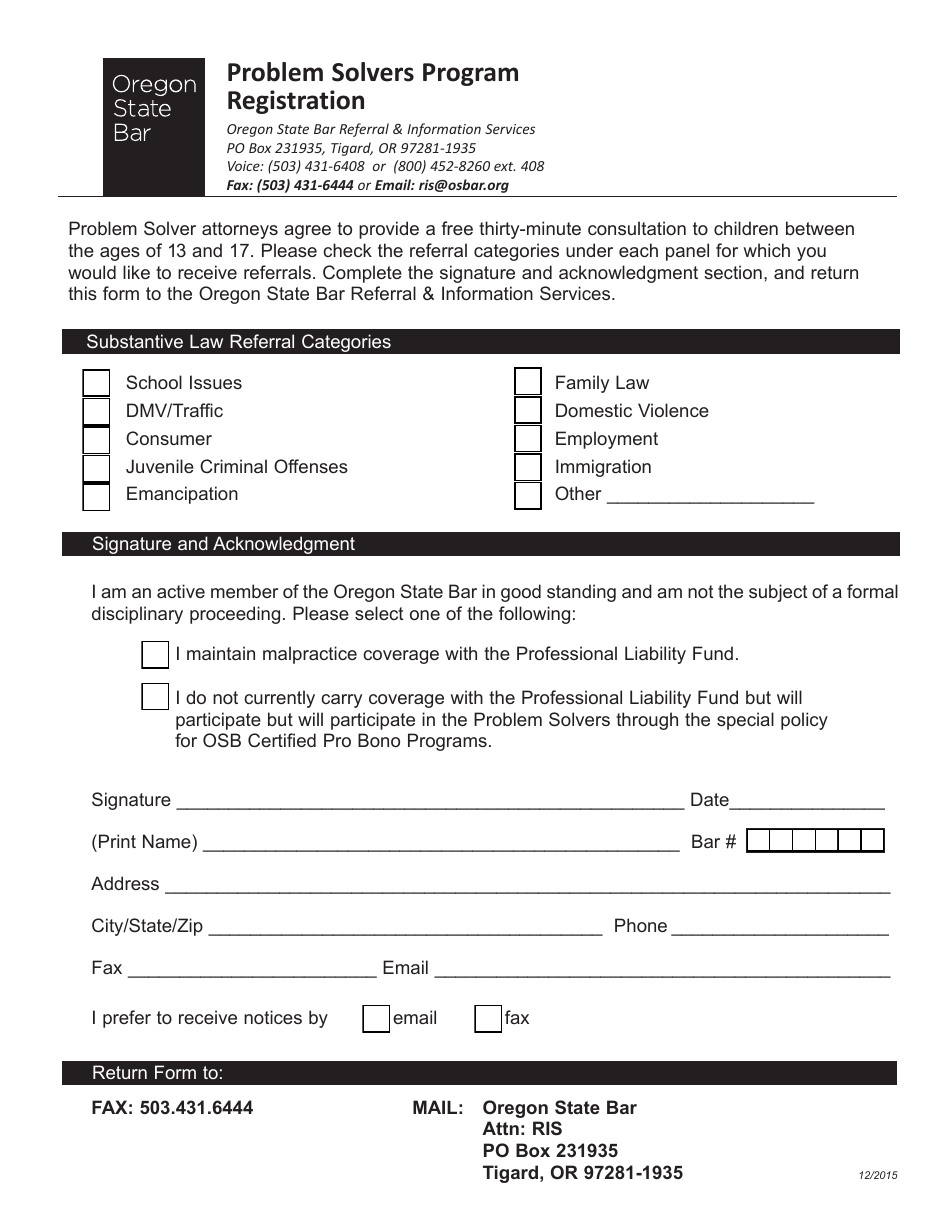 Problem Solvers Program Registration Form - Oregon, Page 1