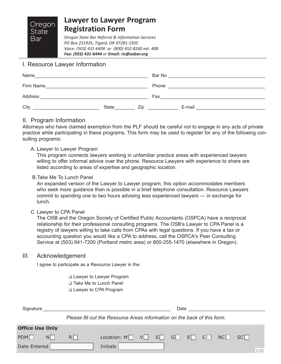 Lawyer to Lawyer Program Registration Form - Oregon, Page 2