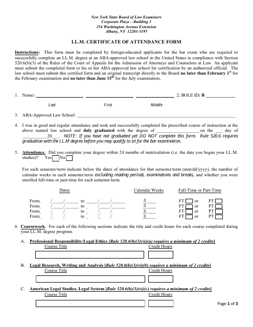 Llm Certificate of Attendance Form - New York Download Pdf