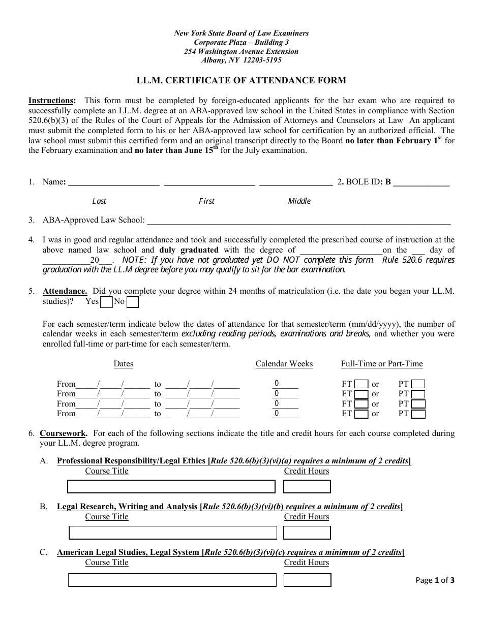 Llm Certificate of Attendance Form - New York, Page 1