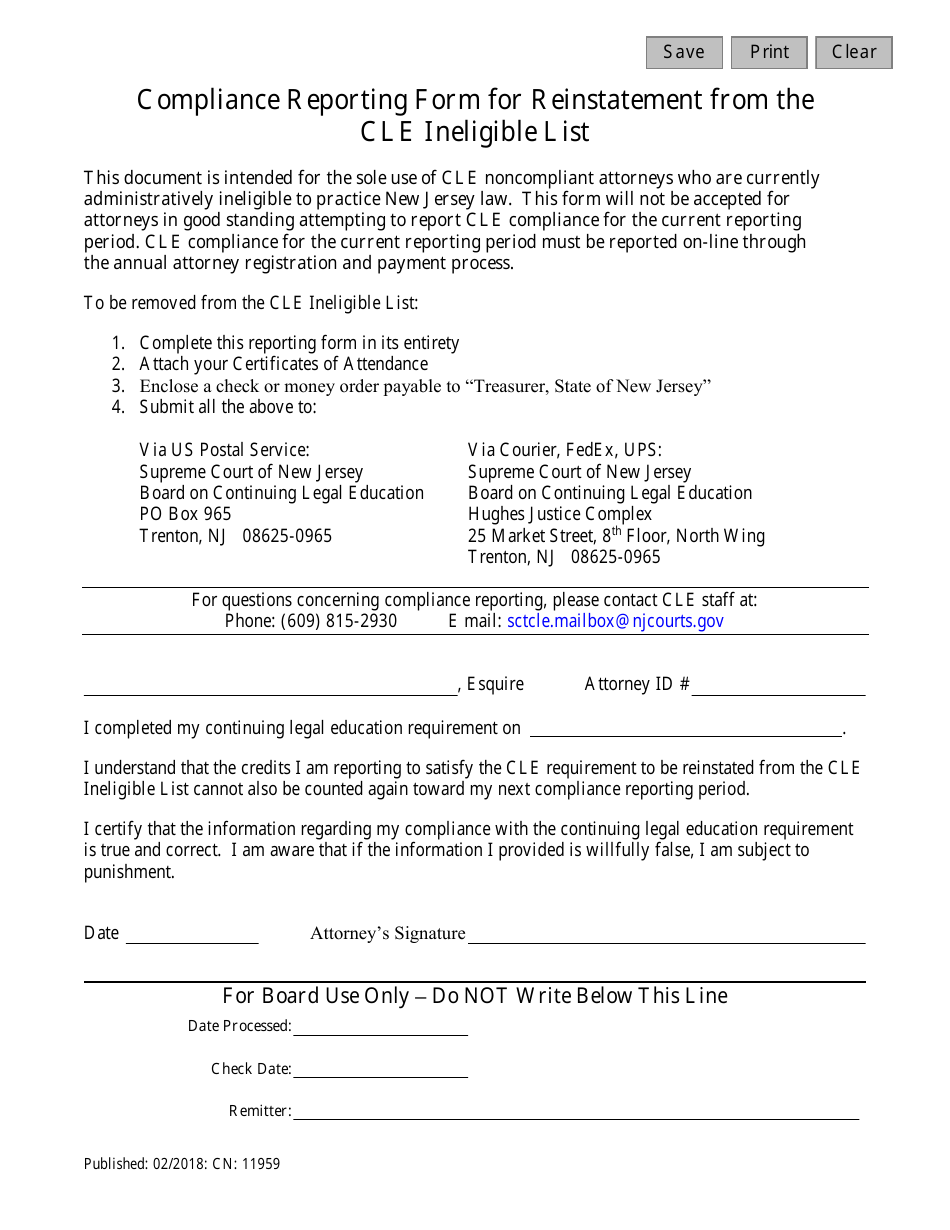 Form CN:11959 Compliance Reporting Form for Reinstatement From the Cle Ineligible List - New Jersey, Page 1