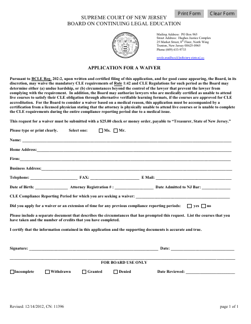 Form CN:11396 Application for a Waiver - New Jersey