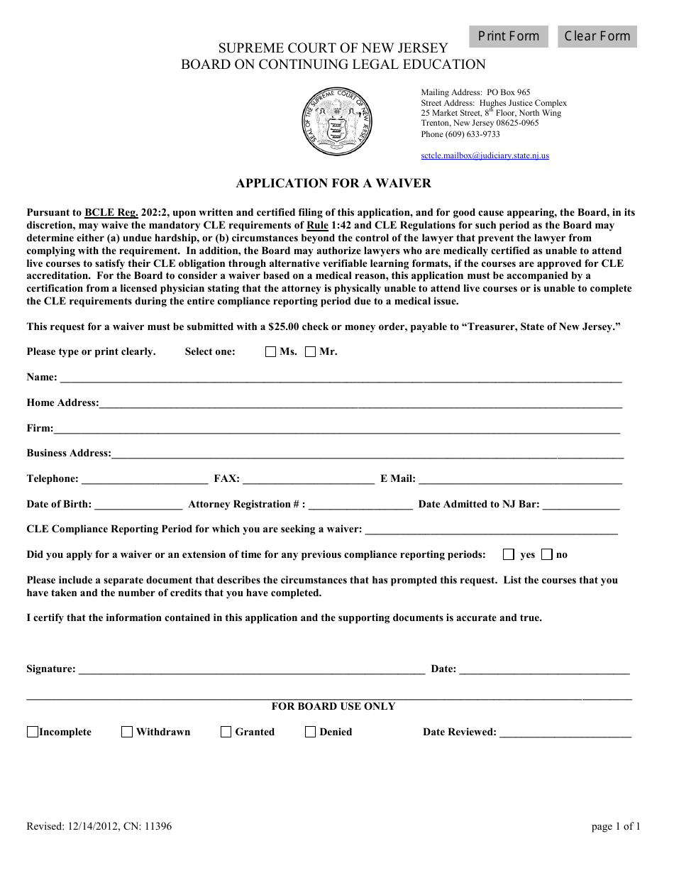 Form CN:11396 Application for a Waiver - New Jersey, Page 1