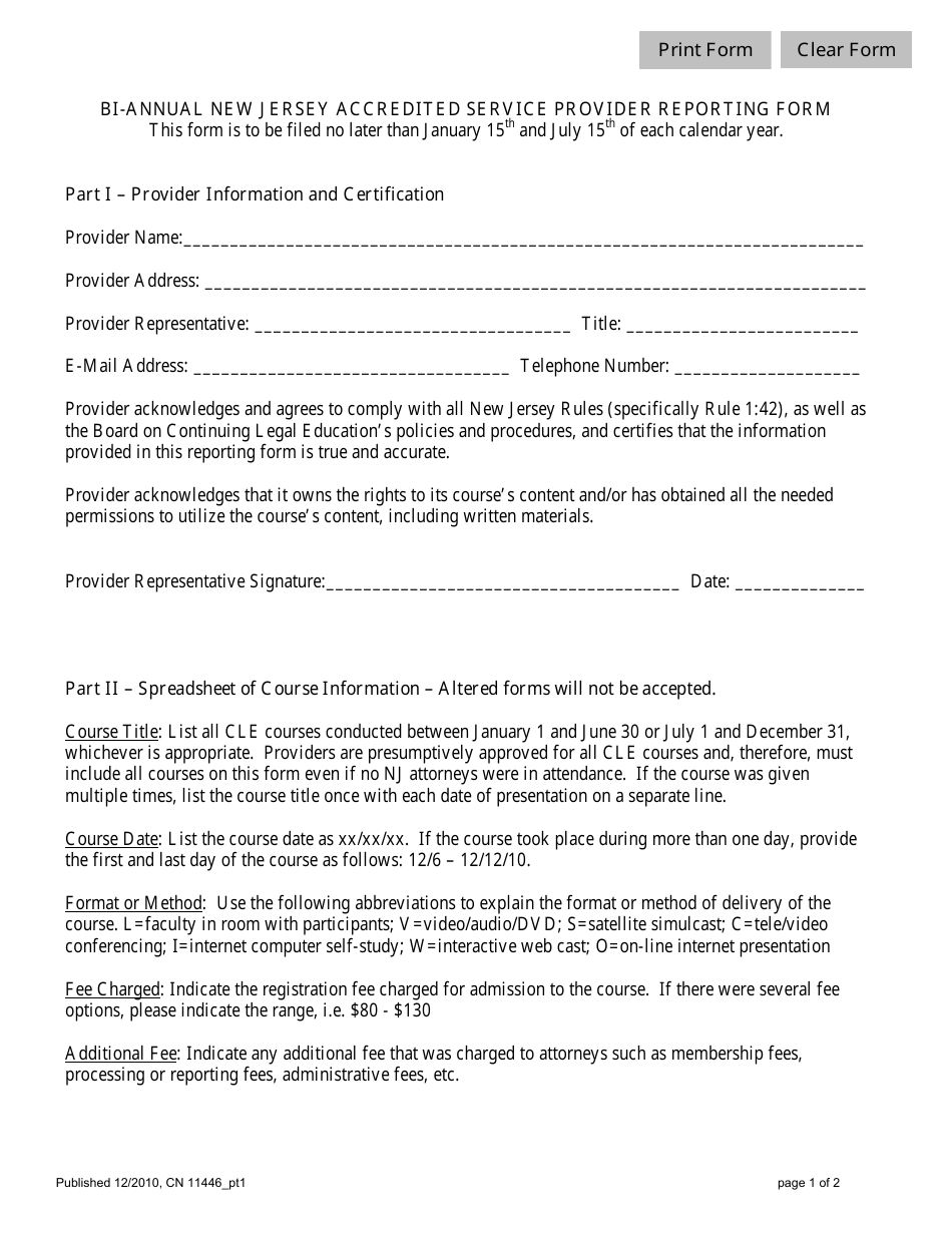 Form 11446 Part 1 BI-Annual Reporting Form - New Jersey, Page 1