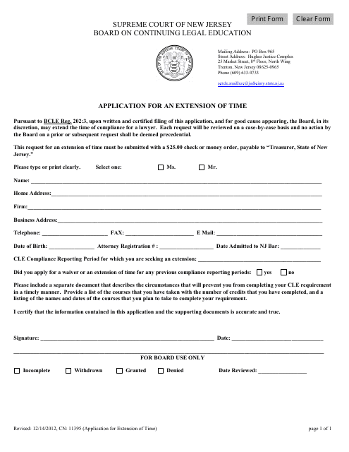 Form CN:11395 Application for an Extension of Time - New Jersey