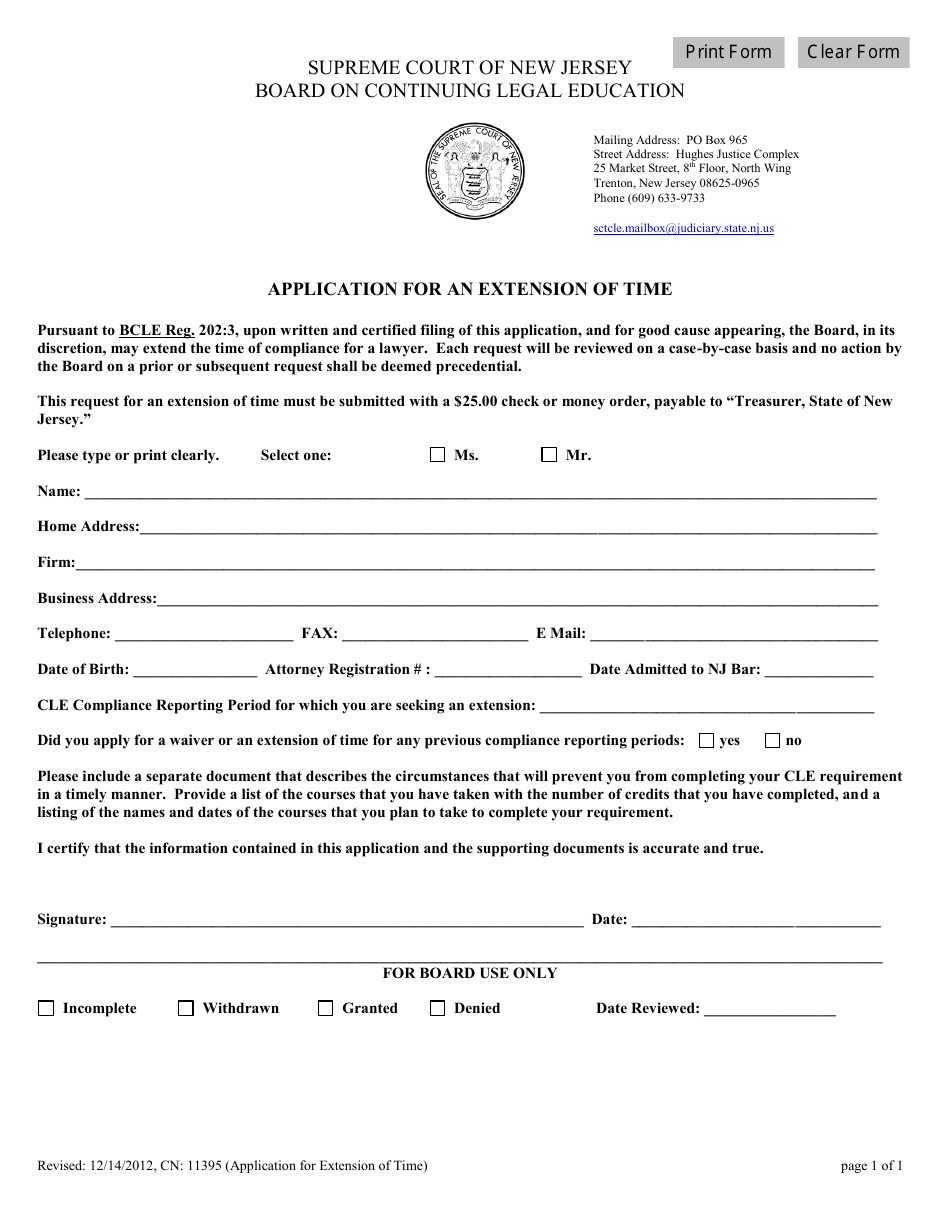 Form CN:11395 Application for an Extension of Time - New Jersey, Page 1