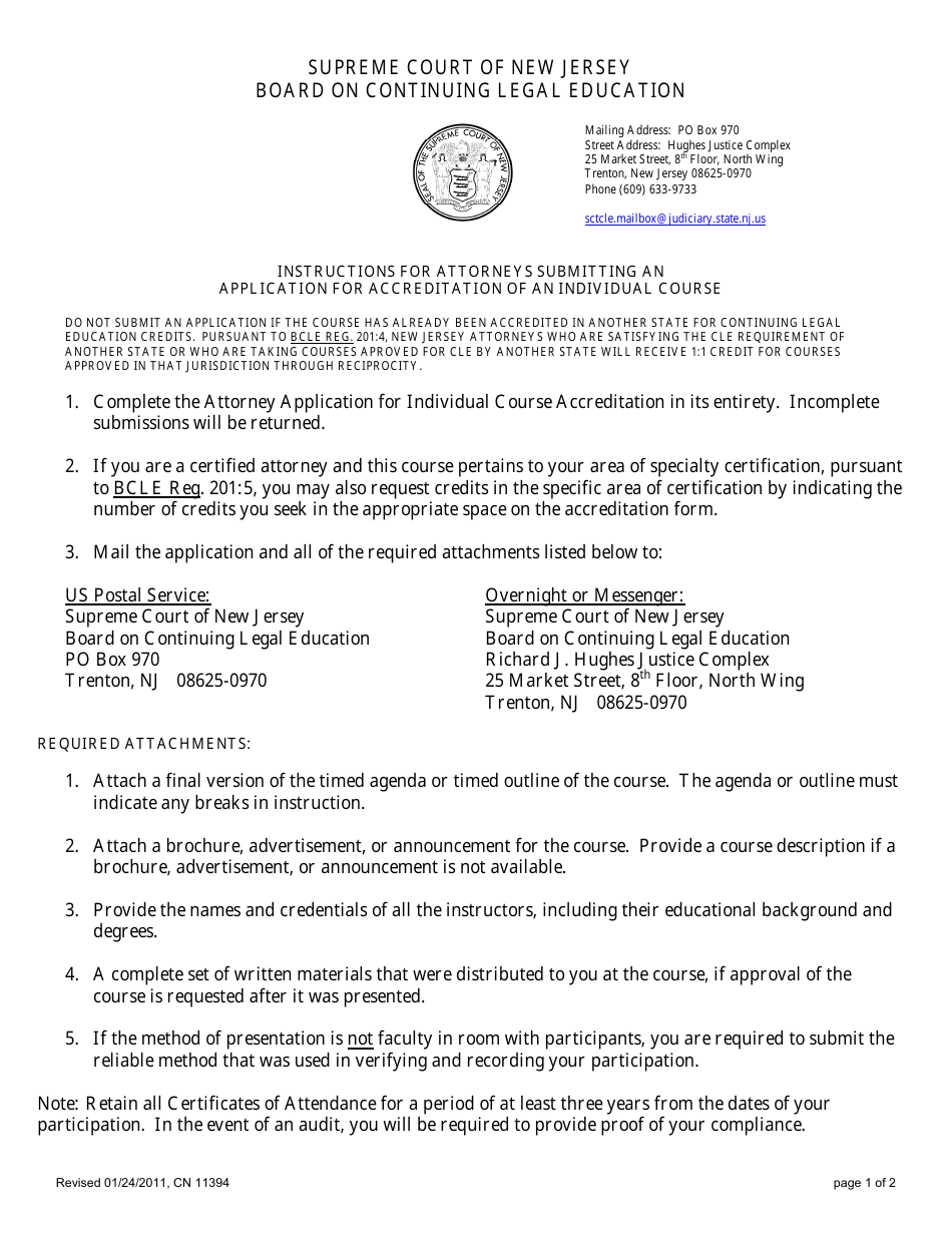 Form 11394 Attorney Application for Individual Course Accreditation - New Jersey, Page 1