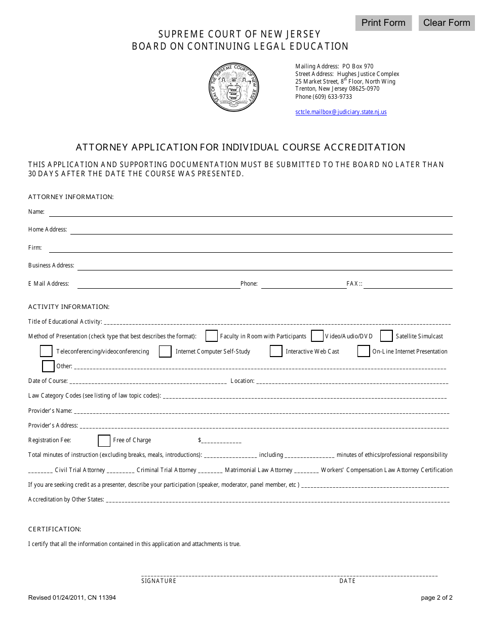 Form 11394 Attorney Application for Individual Course Accreditation - New Jersey, Page 2