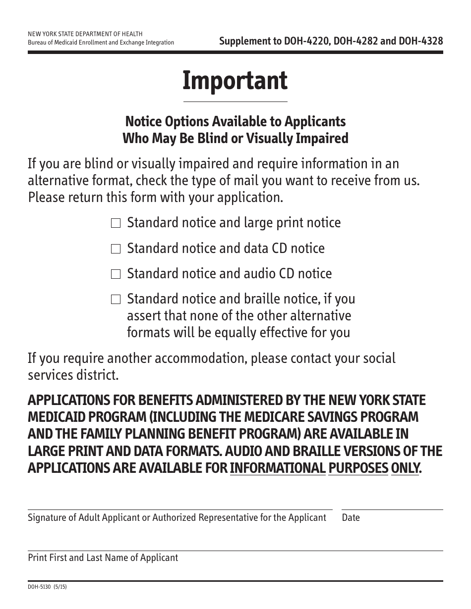 Form DOH-5130 Alternative Format Supplement  Options to Receive Information if You Are Blind or Visually Impaired - New York, Page 1