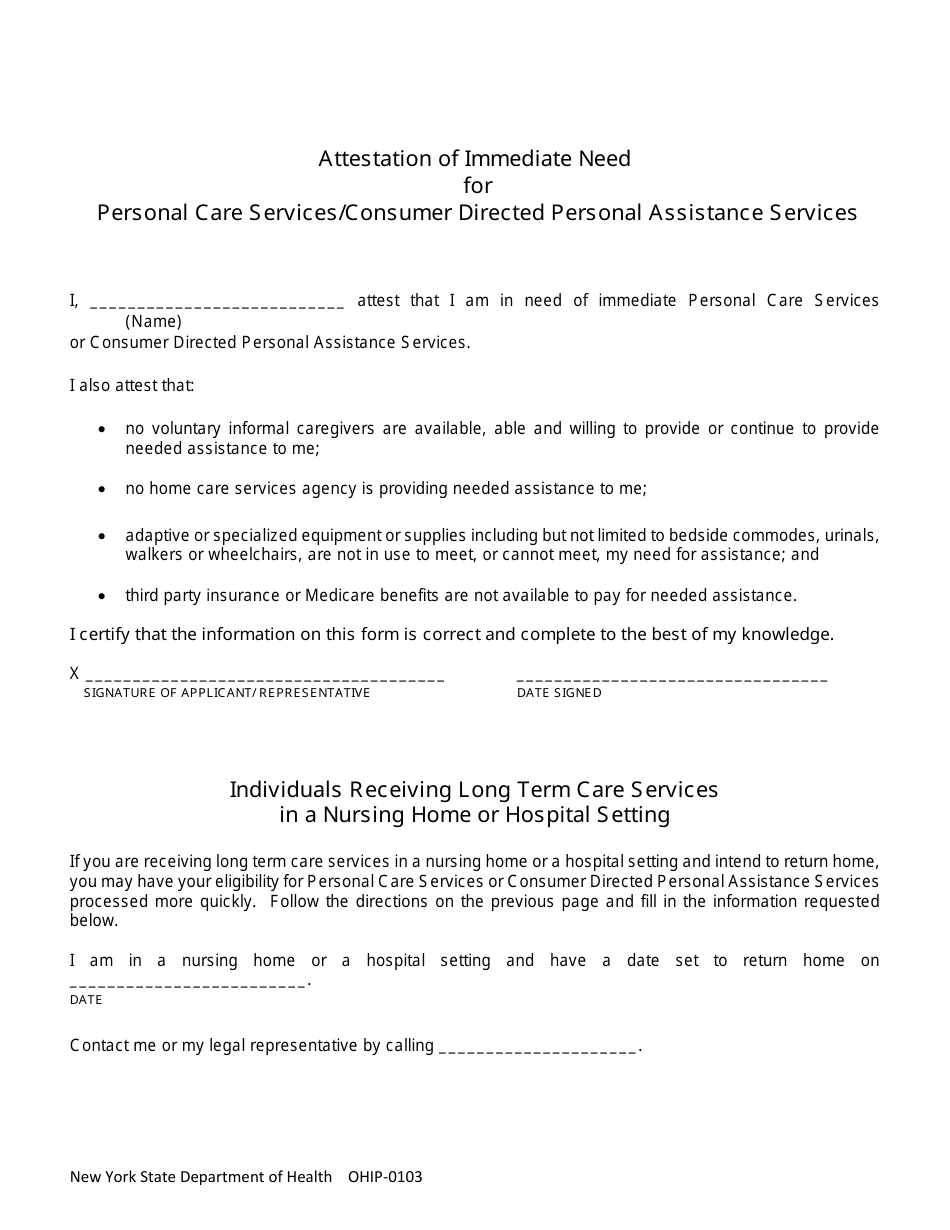 Form OHIP-0103 Attestation of Immediate Need for Personal Care Services / Consumer Directed Personal Assistance Services - New York, Page 2