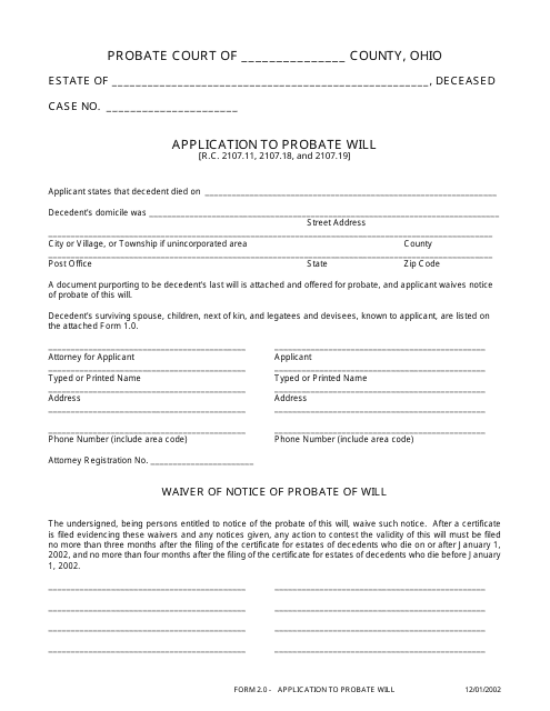 Form 2.0 Application to Probate Will - Ohio