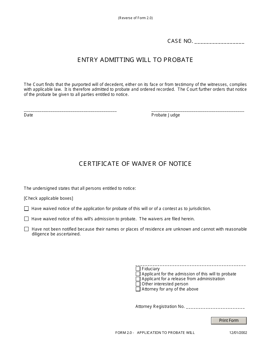 Form 2.0 Application to Probate Will - Ohio, Page 2