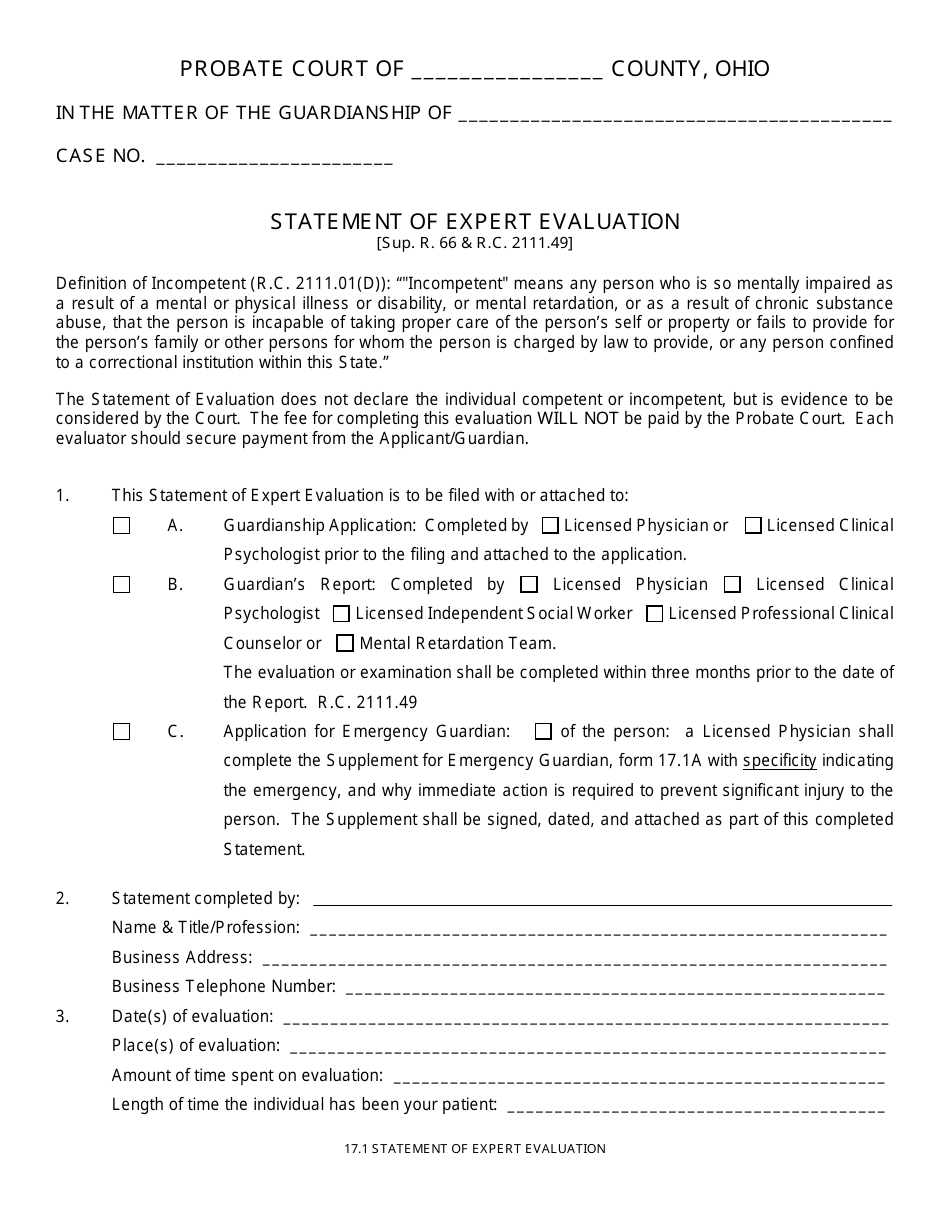 Form 17.1 Statement of Expert Evaluation - Ohio, Page 1