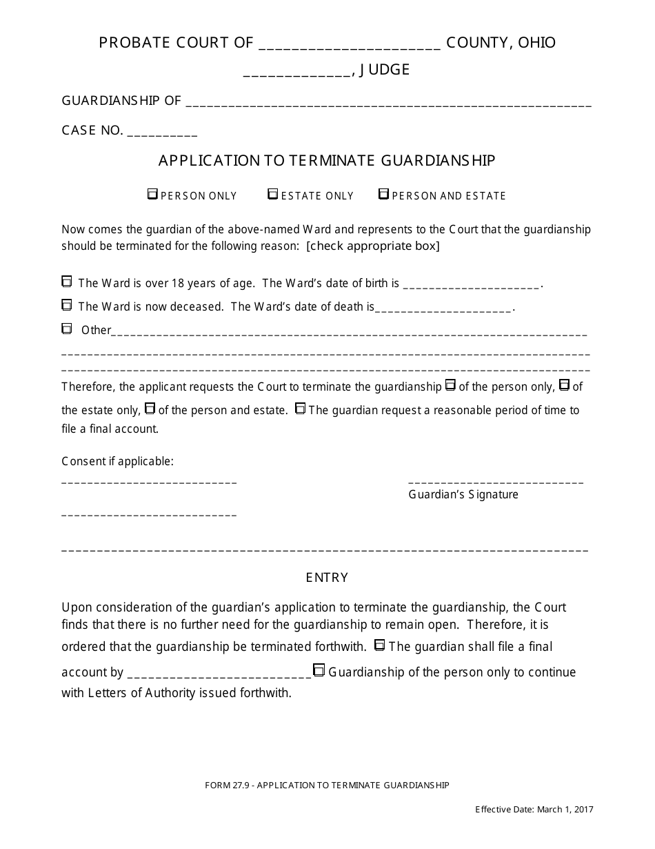 Form 27.9 Application to Terminate Guardianship - Ohio, Page 1