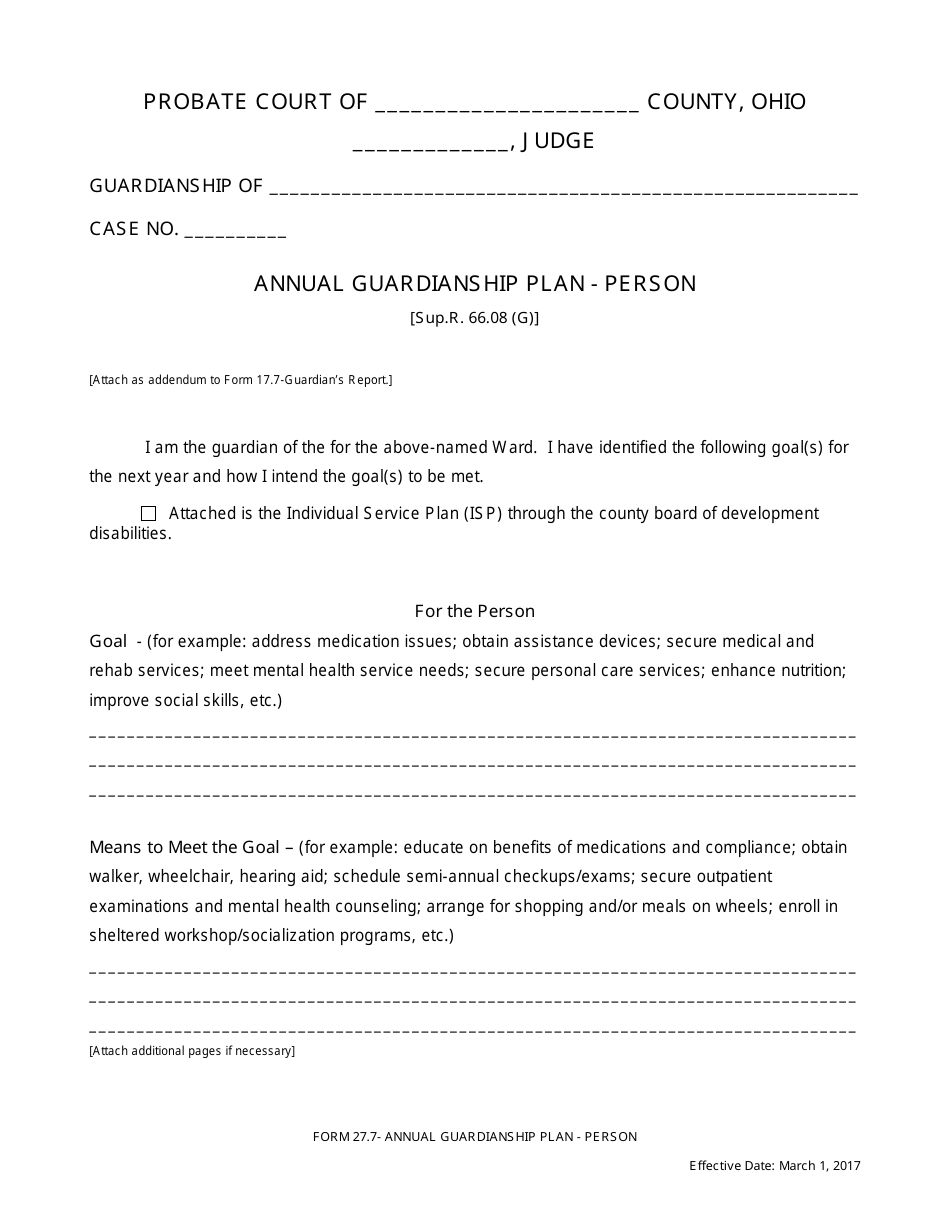 Form 27.7 Annual Guardianship Plan - Person - Ohio, Page 1