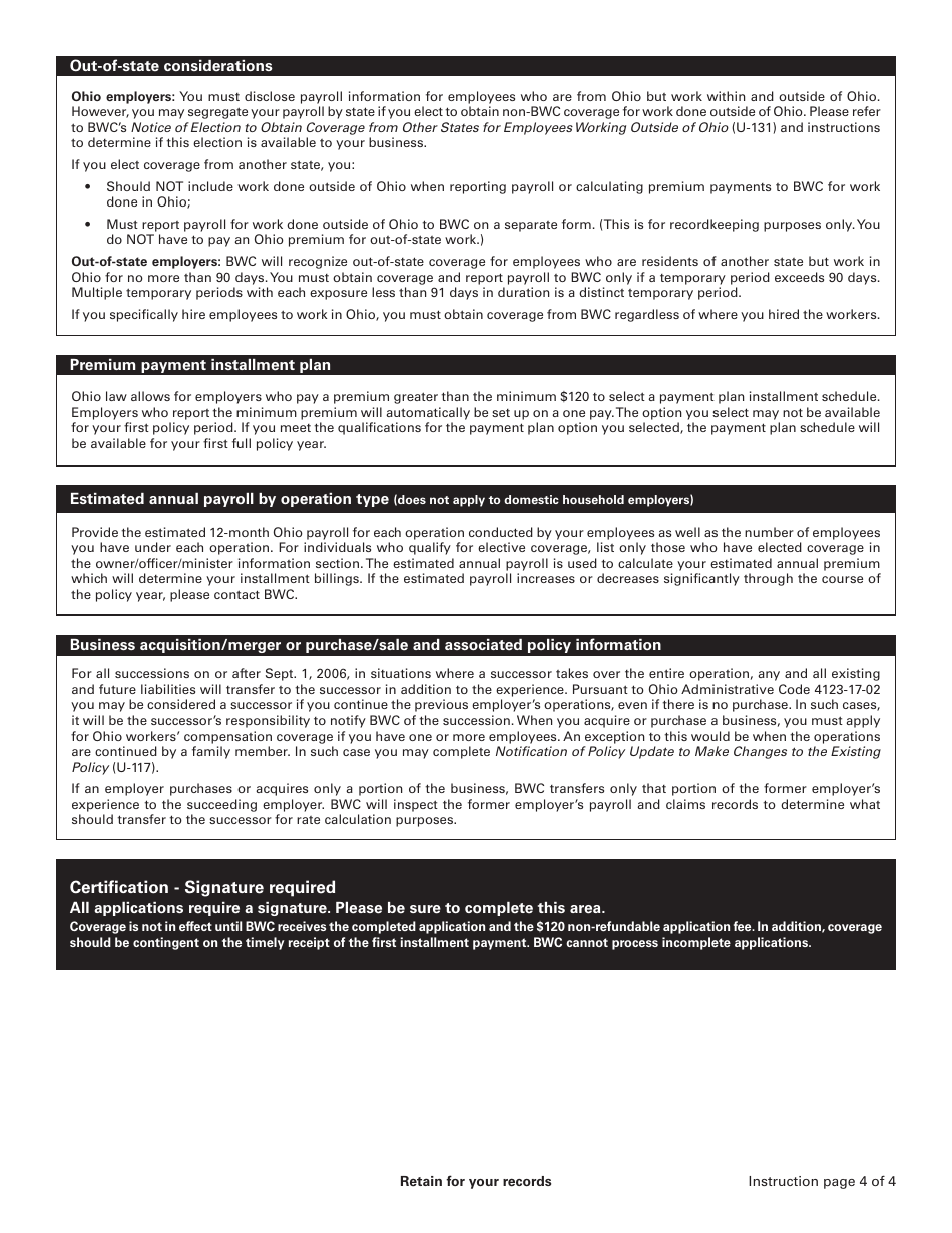 Form U-3 (BWC-7503) Application for Ohio Workers Compensation Coverage - Ohio, Page 4