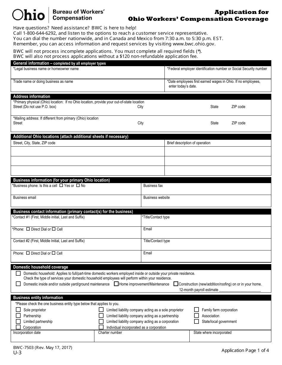 Form U-3 (BWC-7503) Application for Ohio Workers Compensation Coverage - Ohio, Page 5