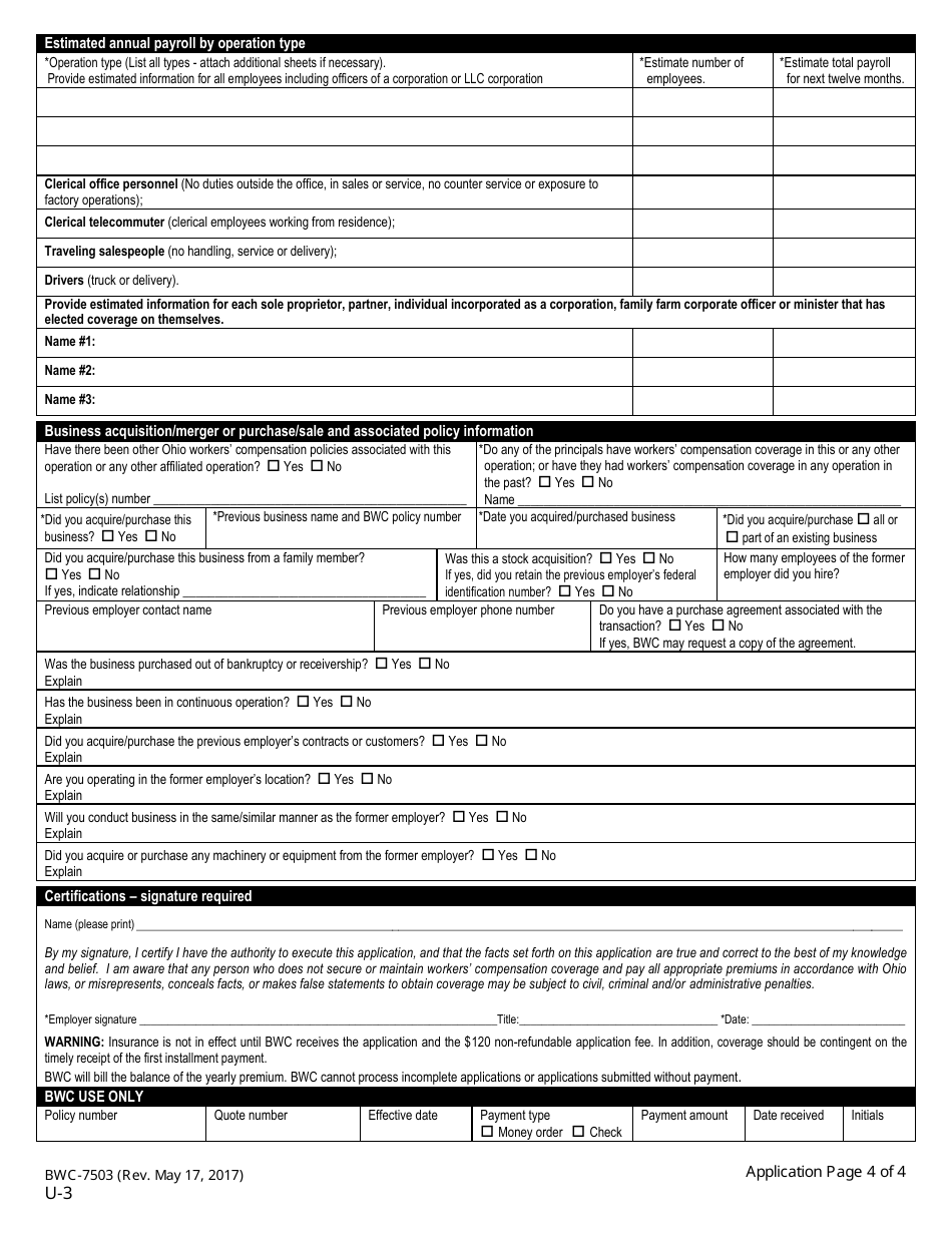 Form U-3 (BWC-7503) Application for Ohio Workers Compensation Coverage - Ohio, Page 8