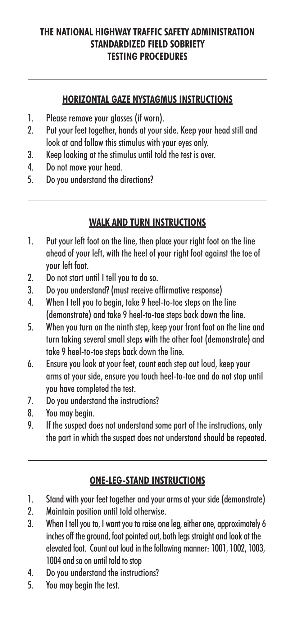 The National Highway Traffic Safety Administration Standardized Field Sobriety Testing Procedures - New Jersey, Page 1