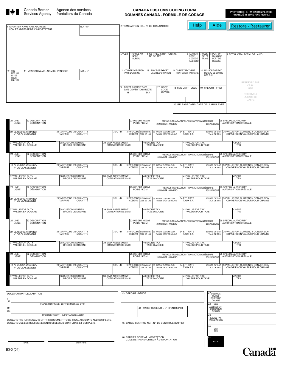 Form B3-3 Canada Customs Coding Form - Canada (English / French), Page 1