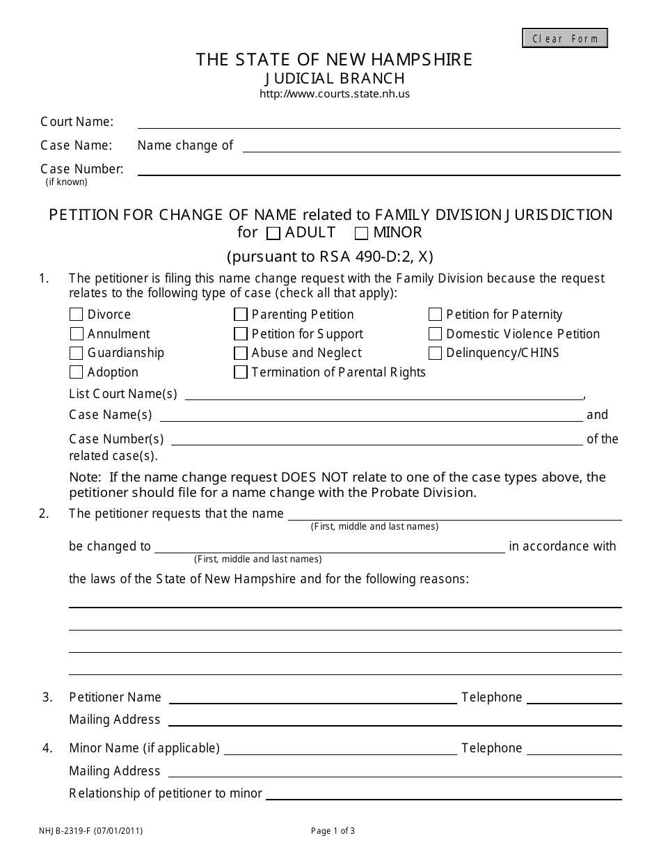 Form NHJB-2319-F Petition for Name Change Relating to Family Division Jurisdiction - New Hampshire, Page 1