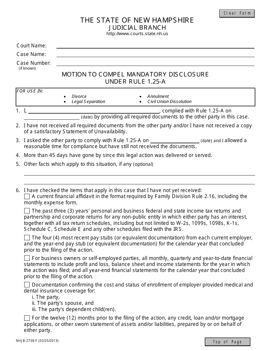 Form NHJB-2738-F Motion to Compel Mandatory Disclosure Under Family Rule 1.25-a (Divorce) - New Hampshire, Page 1