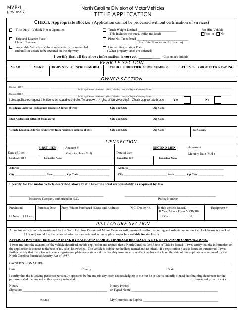 Form MVR-1 Title Application - North Carolina
