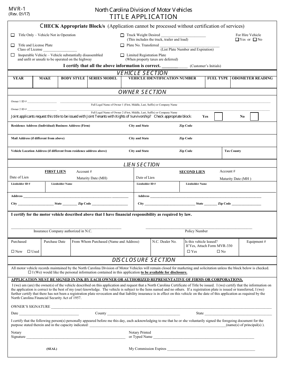 Form MVR-1 Title Application - North Carolina, Page 1